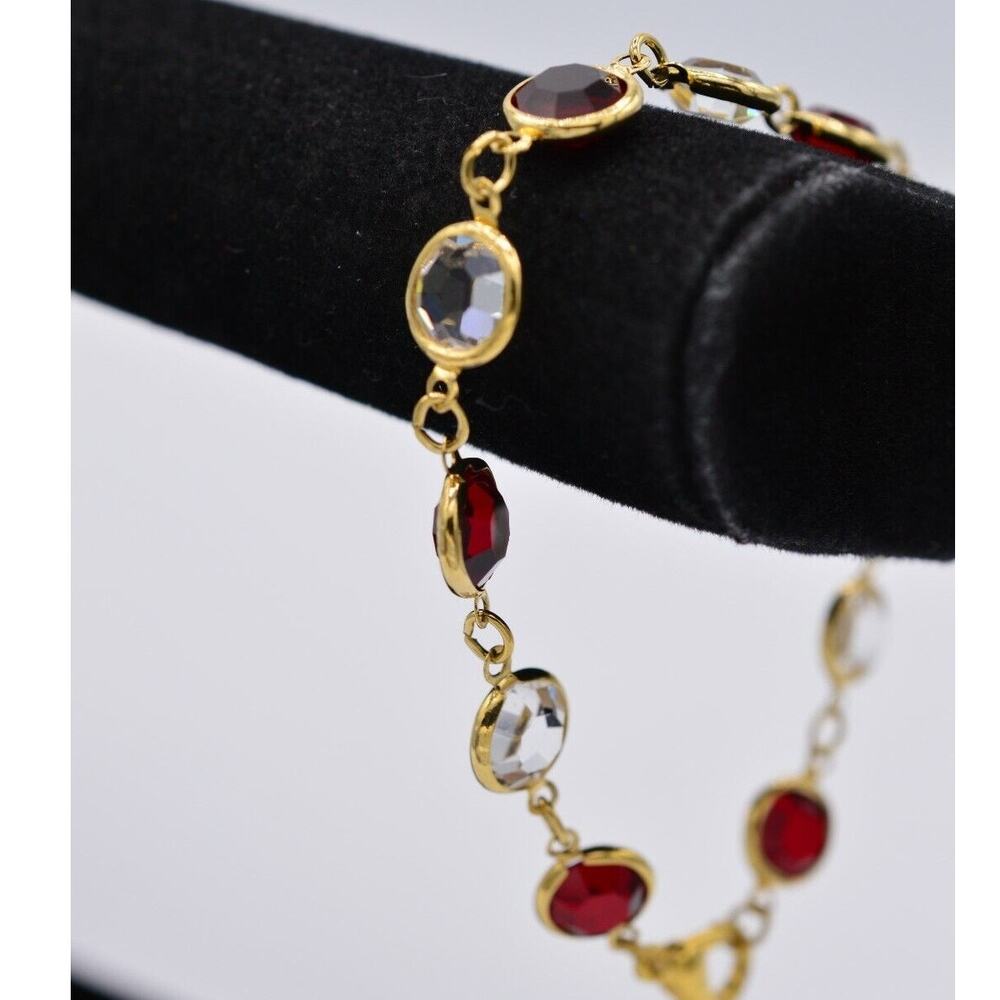 Vintage Open Bezel Crystal Bracelet Chain Gold Red Clear Tennis 8" 1980s BinAD